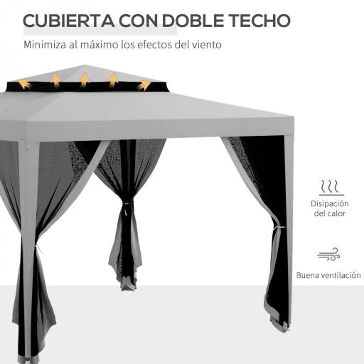 Carpa de Jardín 3x3 m Cenador Gazebo con 4 Mosquiteras Laterales Techo Doble 8 Orificios de Drenaje Marco de Metal Gris [2]