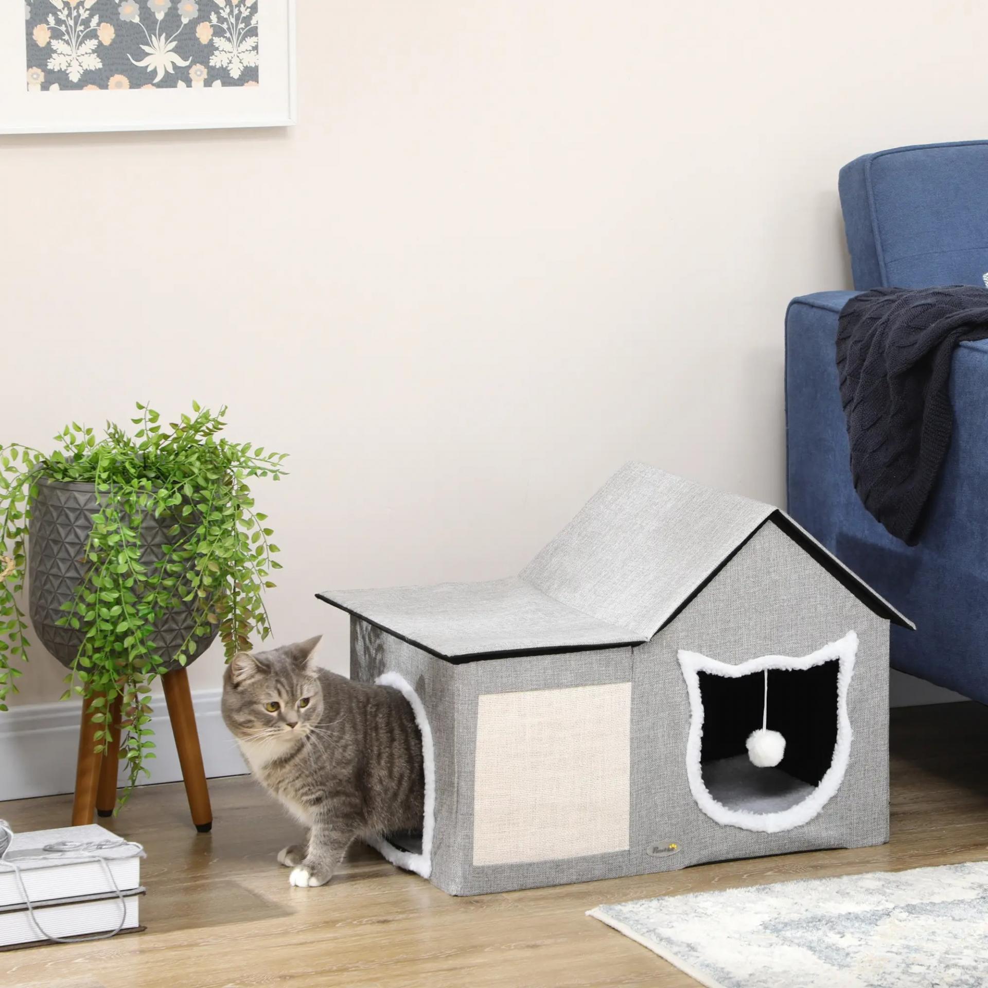 Caseta para Gatos Casa para Gatos Interior con Almohadilla para Rascar Cojín Suave y Bola Colgante 65x41x45,5 cm Gris