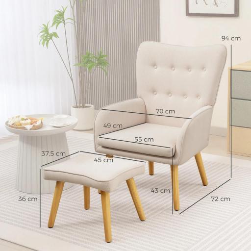 Sillón con Reposapiés Sillón Lectura con Respaldo Alto Capitoné Patas de Madera y Tapizado en Lino Beige [1]