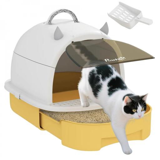 Arenero Cerrado para Gatos con Bandeja Extraíble Filtro de Carbono Pala y Asa Superior 40,5x52x39 cm Amarillo y Blanco [8]