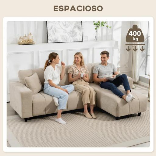 Sofá Chaise Longue Reversible de 3 Plazas 2 Almohadas Tapizado en Lino Marco de Acero 242x156x87 cm Beige [6]