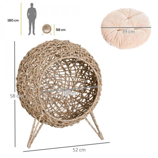 Cama Cueva de Ratán para Gatos o Mascotas Pequeña con Base Trípode Cojín de Felpa y Algodón Suave Diseño Elevado Estable Φ52x58 cm Madera Natural [2]