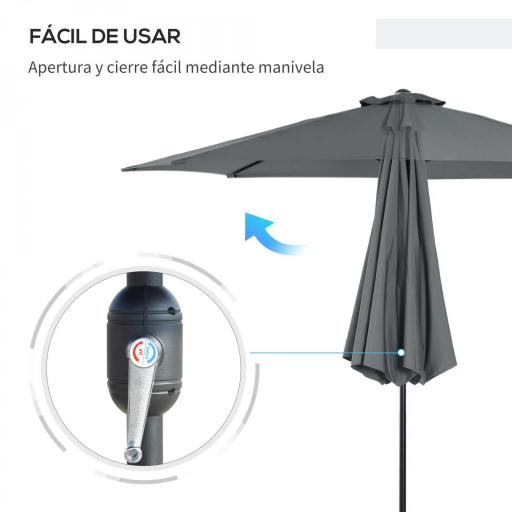 Sombrilla de Jardín Ø295x250 cm con Manivela Parasol Exterior con Mecanismo de Inclinación y Poste Desmontable de Metal para Terraza Piscina Patio Gris Oscuro [4]
