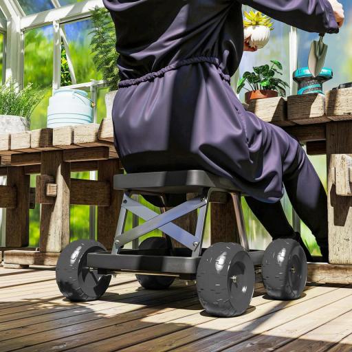 Asiento de Jardín con Ruedas Taburete de Jardinería con Bandeja de Herramientas Carga 130 kg 50x49x32 cm Negro [2]