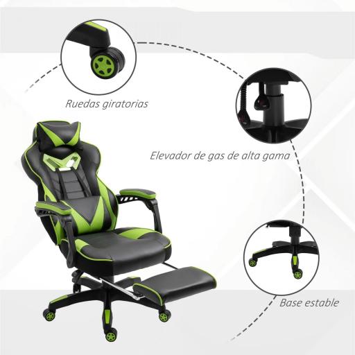 Silla Gaming Ergonómica Silla de Escritorio de Oficina Regulable en Altura Reclinable Respaldo con Reposapiés Reposacabezas Cojín Lumbar Ruedas 65x70x118,5-128,5 cm Verde [5]