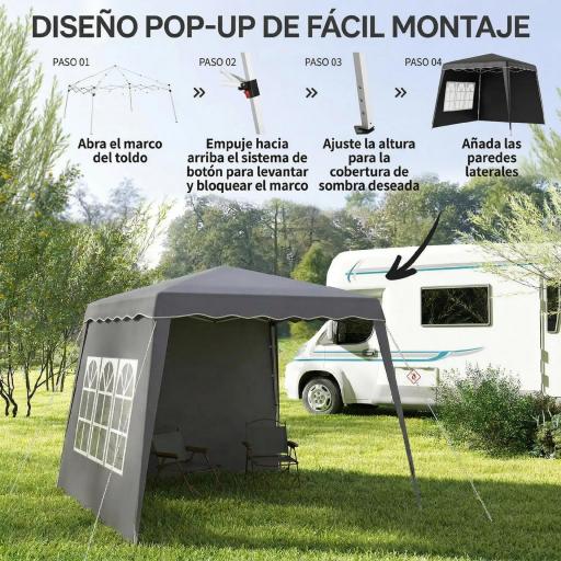 Carpa Plegable Pop-up 2,89x2,89m Cenador Pabellón de Jardín con Paredes Laterales Altura Ajustable Protección UV50+ Gris [5]