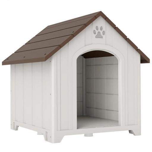 Caseta para Perros Exterior Casa para Perros Grandes de Plástico con 2 Ventanas Base Elevada Estacas Marrón Oscuro [8]