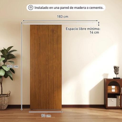 Puerta Corredera con Herrajes 90x210 cm con Rodillo Riel de Aluminio Guía de Suelo Marrón [1]