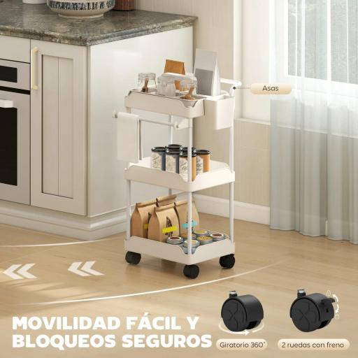 Carrito Auxiliar con Ruedas de 3 Niveles Carrito de Cocina con Cestas Extraíbles y Soporte para Toallas Blanco [4]