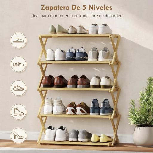Zapatero Estrecho de Bambú Zapatero Vertical Plegable de 5 Niveles Sin Instalación Natural [6]