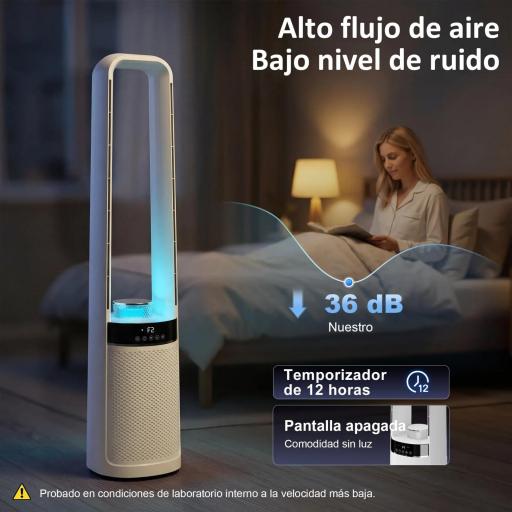Ventilador de Torre Silencioso sin Aspas con Luces LED de 4 Colores Mando a Distancia Temporizador de 12 horas Blanco [4]