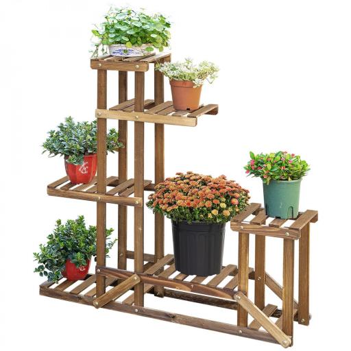 Soporte de Madera para Flores Estantería Decorativa para Macetas Plantas con 6 Estantes Interior y Exterior para Jardín Balcón Terraza 95x28x96,5 cm Carbonizado [9]