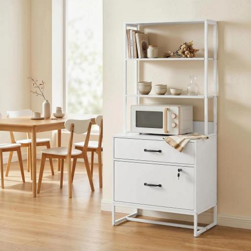 Mueble Archivador con Estantería 2 Cajones Encimera para Impresora Cerradura para A4 Letter Legal Blanco [4]