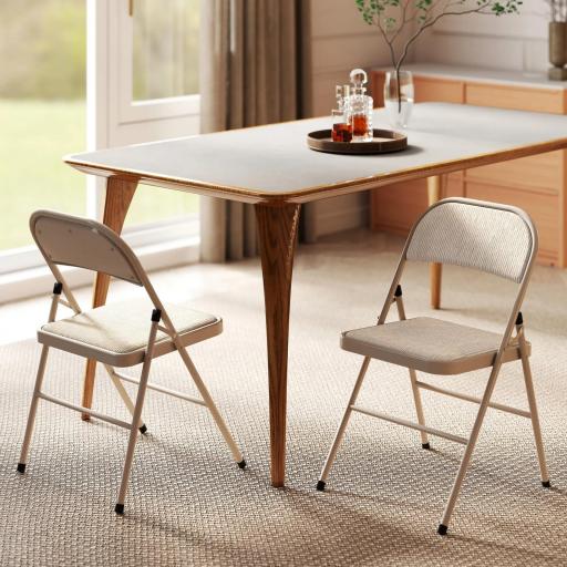 Juego de 2 Sillas Plegables Tapizadas en Lino Sintético con Respaldo y Estructura de Acero para Salón 45x46x78 cm Beige [7]