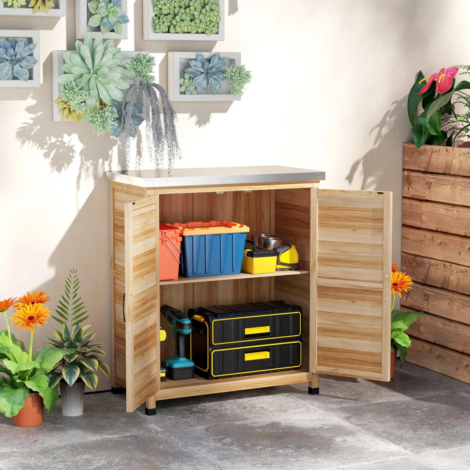 Armario de Exterior con Estante Interno y Banco de Trabajo, en Madera y Acero Galvanizado, 79x43x92 cm, color Madera