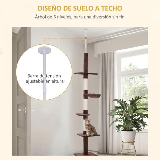 Árbol para Gatos de Suelo a Techo de 230-260 cm con Altura Ajustable Plataformas Hamaca y Postes de Sisal Marrón [4]