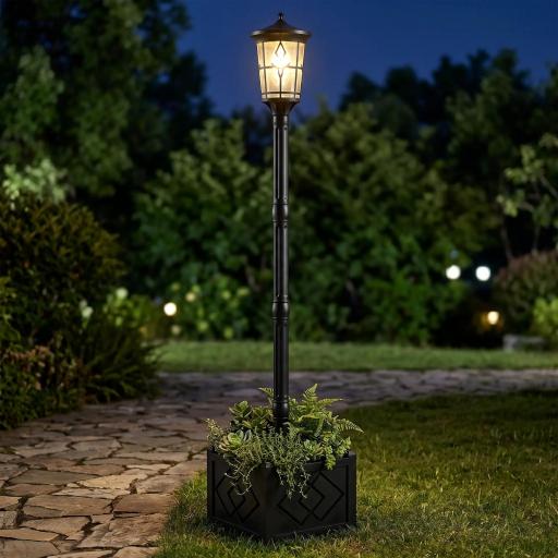 Farola Solar Exterior de Jardín con Macetero 2 Modos de Brillo 100/50 lm IP44 Encendido/Apagado Automático Negro [4]