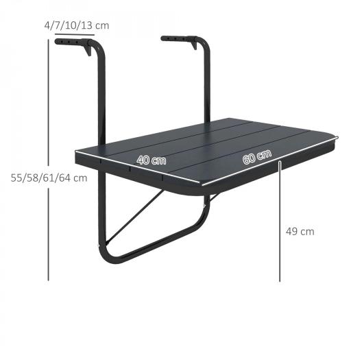 Mesa Colgante para Balcón Plegable de Aluminio con Altura Ajustable en 4 Niveles Carga 25 kg 60x40x55-64 cm Negro [2]