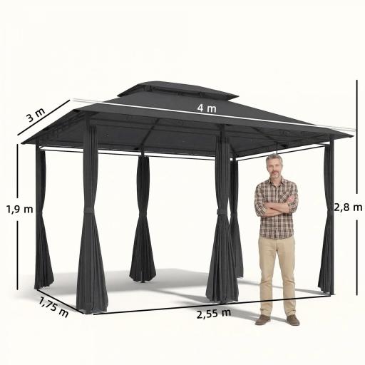 Cenador para Jardín 3x4 m Pabellón de Jardín Gazebo con Doble Techo 6 Paredes Laterales Estructura Metálica Gris [1]