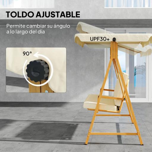 Columpio de Jardín con Toldo Ajustable para Tres Personas Estructura Metálica y Cojines 195x120x170 cm Beige [5]