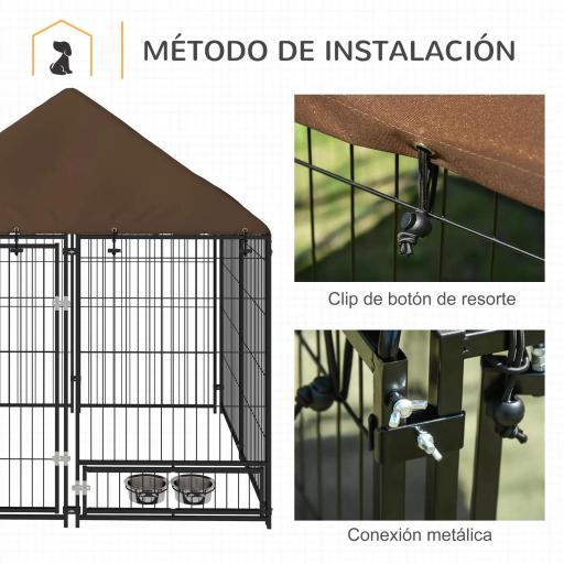 Perrera con Toldo y Soporte Giratorio para Comida 2 Cuencos Incluidos 141x141x151 cm Negro [5]