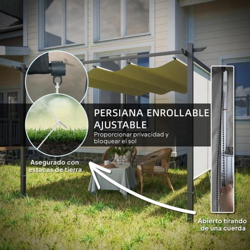 Pérgola de Jardín 4x3 m con Techo Retráctil 3 Laterales Enrollables UPF30+ Cenador de Jardín para Patio Exterior Beige [7]