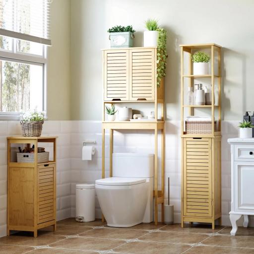 Estantería de Baño de Bambú Armario Alto para Baño con 3 Estantes y 1 Puerta Mueble Columna de Almacenaje 34x30x173 cm Natural