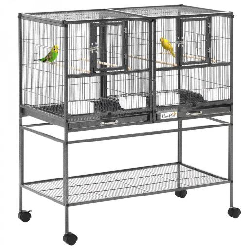 Jaula para Pájaros con Ruedas Pajarera Doble con 2 Bandejas Múltiples Puertas 4 Comederos 4 Perchas 95x45,5x102 cm Gris [8]
