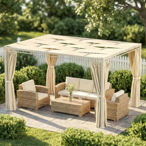 Pérgola de Jardín 3x4 m con Protección UPF 50+ Gazebo con Cortinas Estructura de Acero para Sombra Exterior Beige [2]
