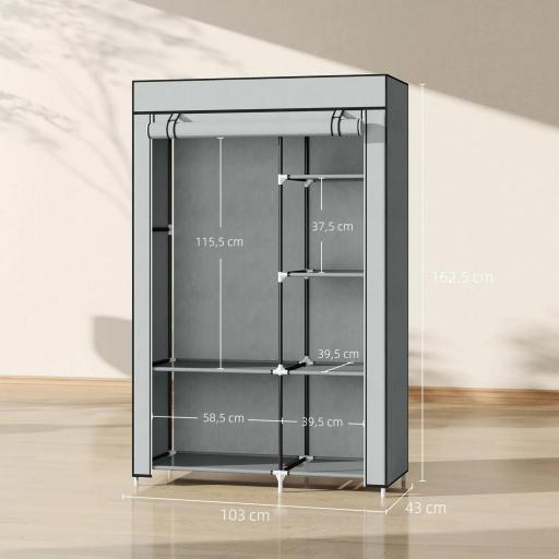 Armario de Tela Plegable Ropero Portátil con 6 Estantes y 1 Barra de Colgar para Dormitorio 103x43x162,5cm Gris [1]
