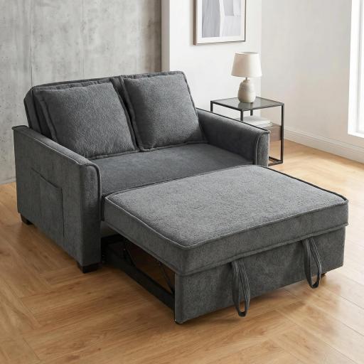 Sofá Cama 2 Plazas 3 en 1 con Respaldo Ajustable Bolsillos Laterales 2 Almohadas para Sala de Estar Gris Oscuro [2]