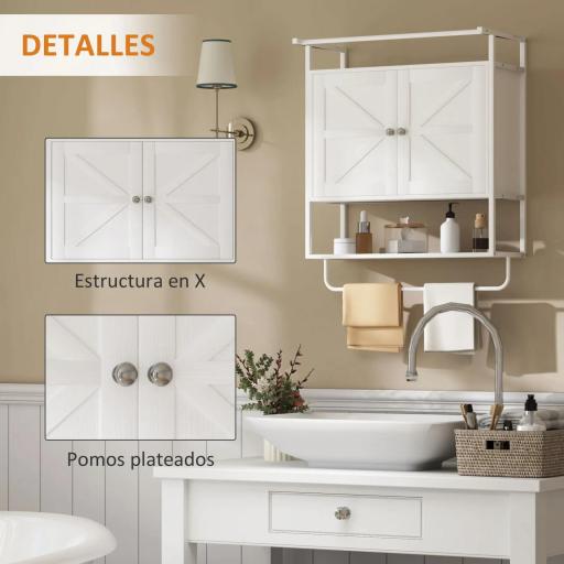 Armario de Pared para Baño Mueble de Baño Suspendido con 2 Puertas Estante Toallero 63x34x75 cm Blanco [4]