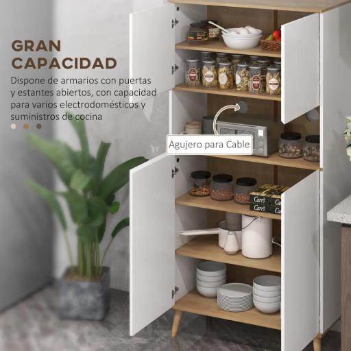 Alacena de Cocina con 4 Puertas Encimera para Microondas Estantes Ajustables Orificio de Cable y Patas de Madera Blanco [5]