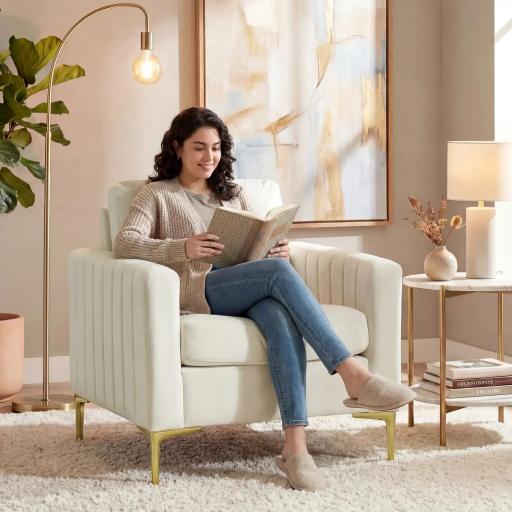 Butaca de Salón Tapizada en Terciopelo Acolchado Grueso Asiento Ancho Reposabrazos Almohadilla 81x77x81 cm Crema