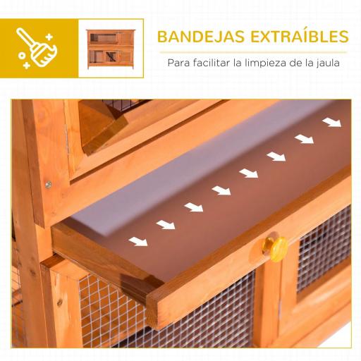 Conejera de Madera Exterior de 2 Niveles Jaula para Conejos con Techo de Asfalto Abrible Rampa Puertas y 2 Bandejas Extraíbles 120x48x100 cm Madera Natural [3]