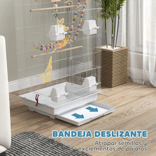 Pajarera con Múltiples Puertas 4 Comederos 3 Perchas Columpio Escaleras y Bandeja Extraíble 46x36x100 cm Blanco [2]