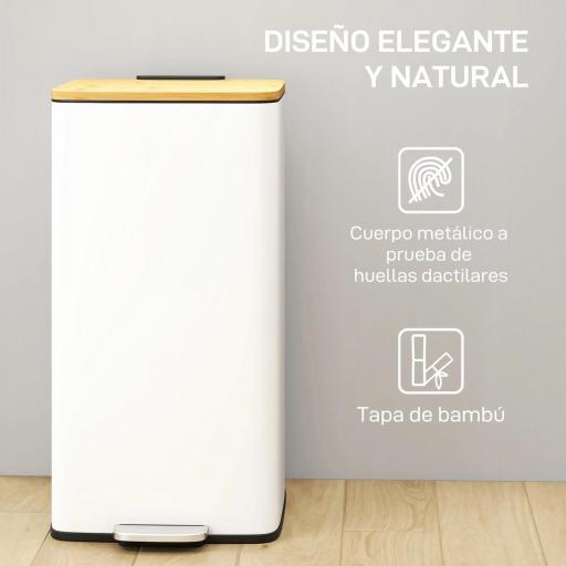 Cubo de Basura Cocina con Pedal 20L Tapa Cierre Suave Cubo Interior Extraíble 29,5x29,5x56,8 cm Blanco y Natural [5]