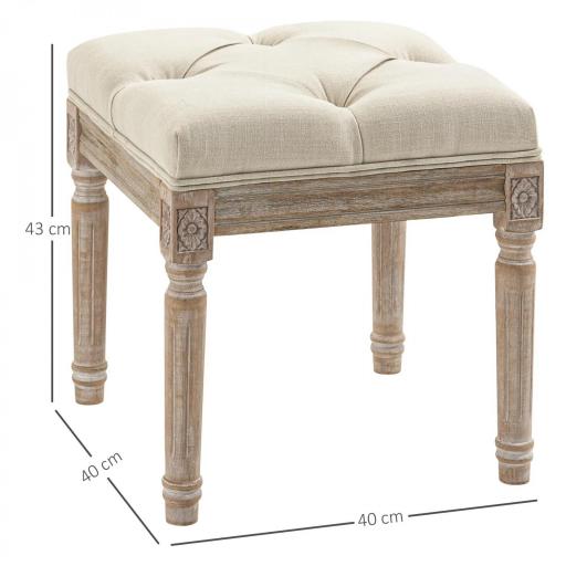 Reposapiés de Salón con Asiento Capitoné y Patas Talladas de Madera Estilo Vintage para Dormitorio 40x40x43 cm Beige [4]