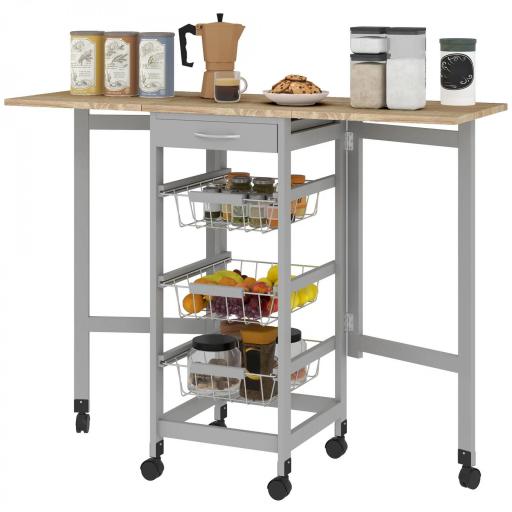 Carrito Auxiliar Plegable Carrito de Cocina con 6 Ruedas 1 Cajón y 3 Cesta de Metal 97,2x37x77,5 cm Gris y Roble [8]
