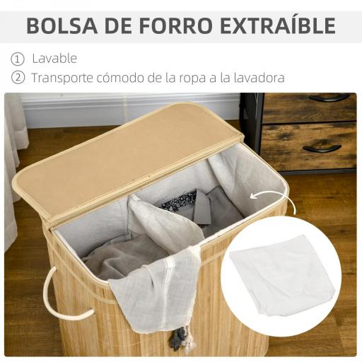 Cesto de Ropa Sucia 90 L de Bambú con 2 Compartimentos Asas Bolsa Interior Extraíble 54,2x35,2x59,5 cm Natural [6]