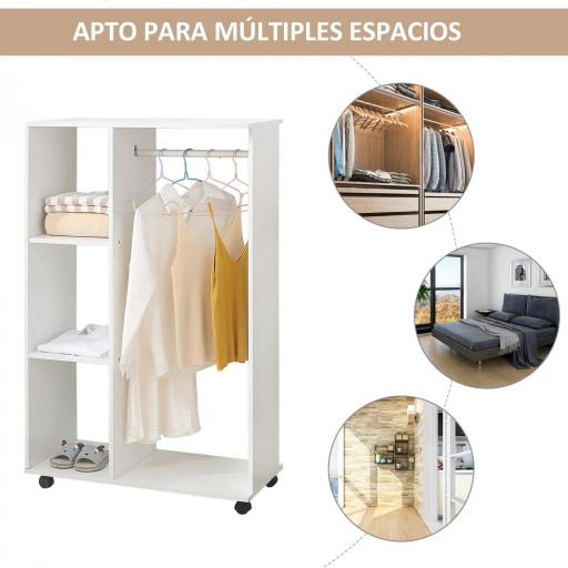 Armario Abierto con Ruedas Barra y Estantes para tener Ropa Colgada y Doblada 80x40x128 cm Blanco [3]