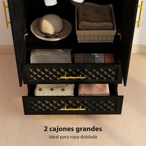Armario Ropero con Espejo 2 Puertas y 2 Cajones Relieve de Diamante Barra para Colgar 80x50x180 cm Negro [5]