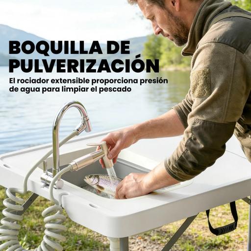 Mesa de Limpieza de Pescado Plegable con Altura Regulable Fregadero Grifo Manguera Cesta Plegable Ranuras y Bolsa [3]
