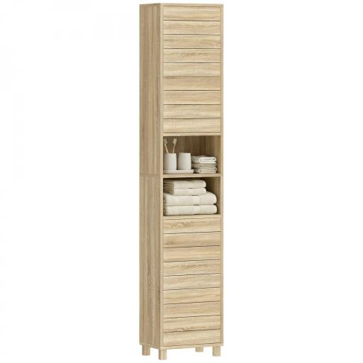 Armario Alto para Baño con Estantes Ajustables Puertas de Lamas Apertura por Presión 34x23x170 cm Natural [8]