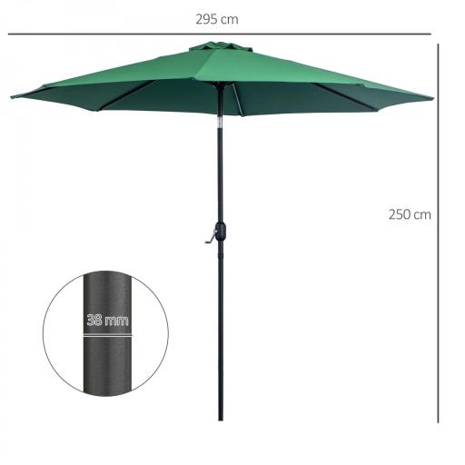 Sombrilla de Jardín Ø295x250 cm con Manivela Parasol Exterior con Mecanismo de Inclinación y Poste Desmontable de Metal para Terraza Piscina Patio Verde [1]