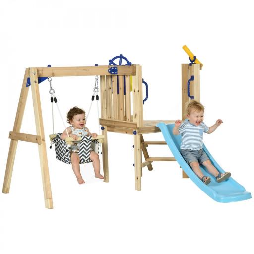 Columpio y Tobogán Infantil Exterior de Madera con Volante Telescopio para Niños de 18-48 Meses Madera Natural [8]