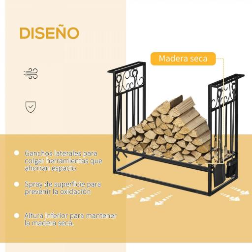 Estante para Leña de Chimenea 75x30x60 cm Soporte para Leña Tradicional Portaleña de Diseño Vintage con 4 Herramientas Base Elevada Carga Máx. 100 kg Acero para Interior y Exterior Negro [5]
