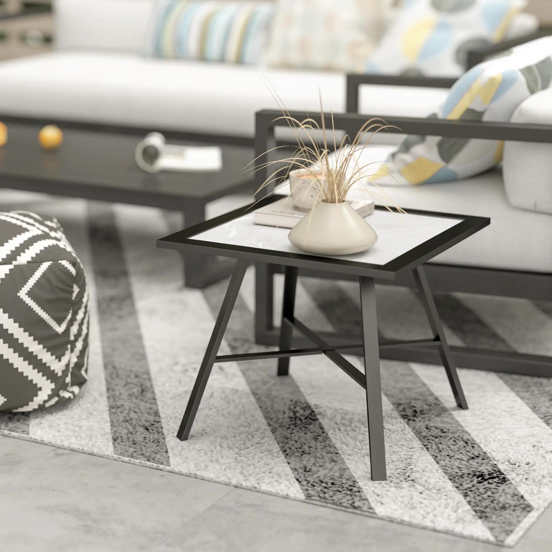 Mesa Auxiliar de Jardín con Encimera de Aspecto Piedra Gris y Estructura Negra 55x55x46 cm Mesita de Exterior Compacta