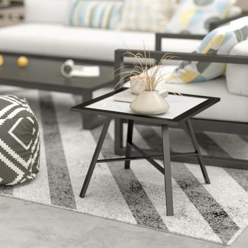 Mesa Auxiliar de Jardín con Encimera de Aspecto Piedra Gris y Estructura Negra 55x55x46 cm Mesita de Exterior Compacta