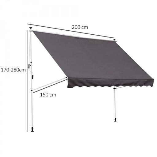 Toldo Manual Retráctil 200x150x170-280 cm para Balcón y Terraza con Altura Ajustable con Manivela Gris [1]